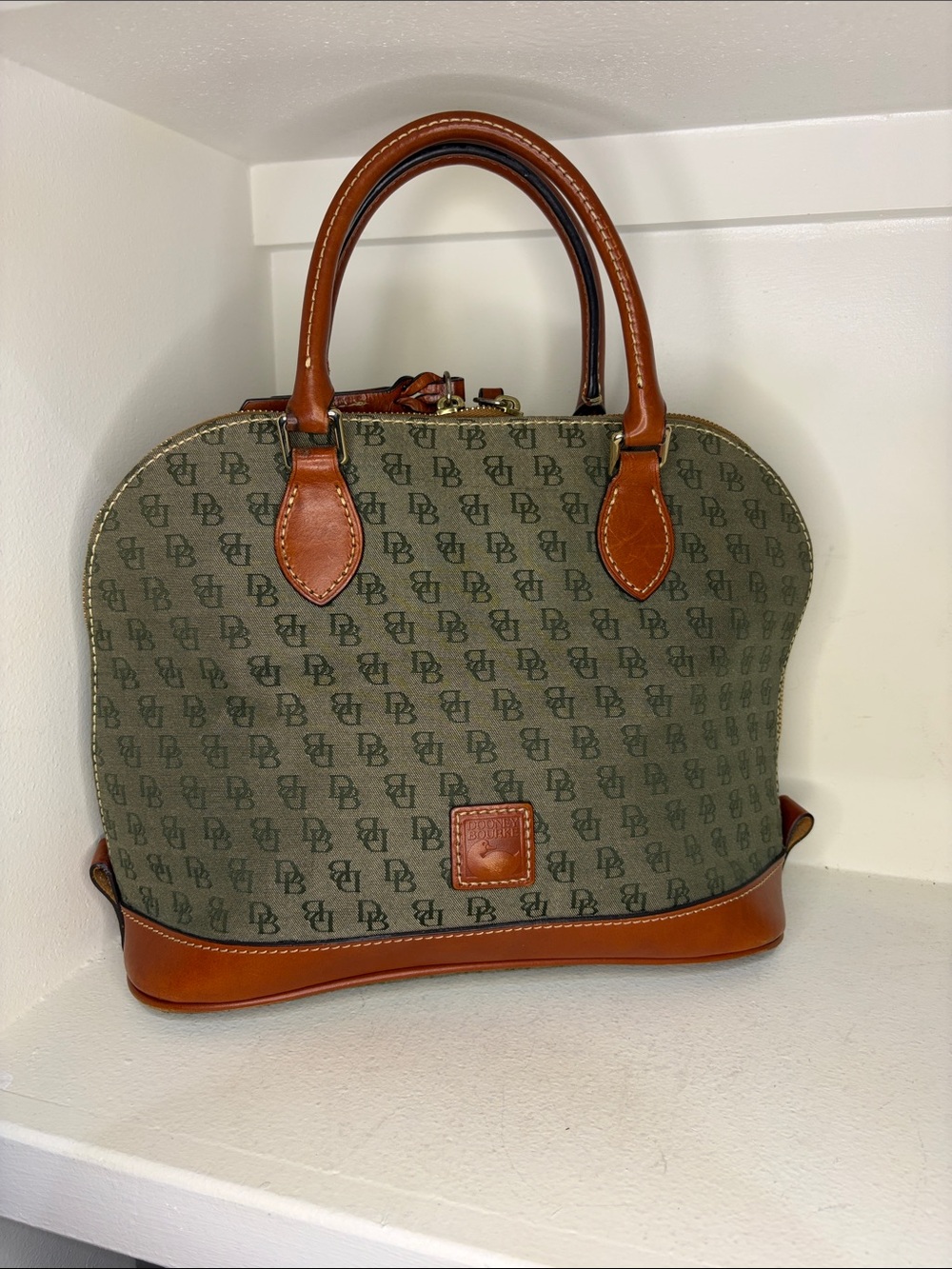 Dooney & Bourke Vintage DB Monogram Dome Satchel Handbag Brown Leather Trim